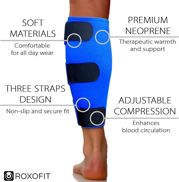 ROXOFIT Calf Brace for Torn Calf Muscle and Shin Splint Pain Relief for Men and Women - Adjustable Neoprene Compression Support Wrap
