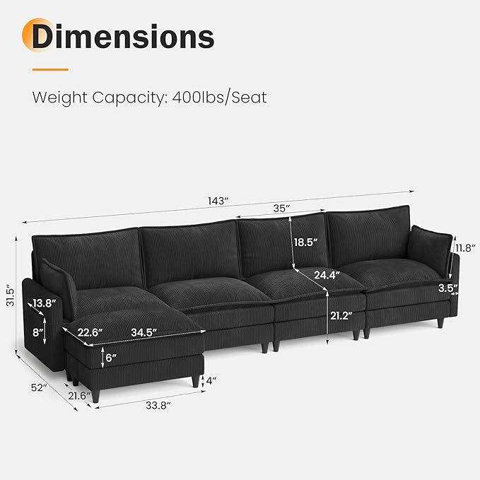 Apicizon 143" Cloud Sofa Sectional, L Shaped Cloud Couch with Side Storage Pocket, Modern Corduroy Sofa Set for Living Room, Office, Black