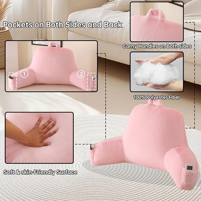 PAJEO Reading Pillow for Sitting in Bed, Large Backrest Reading Pillow with Arm Rest,Back-Rest Support Cushion for Sit Up on Couch, Sofa, and Floor, Dorm Essentials (Pink Faux Fur, Standard(17"))