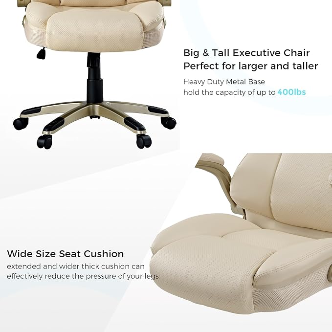 EUREKA ERGONOMIC Galene Executive Office Chair Flip Up Arm Rest, Ergonomic Desk Chair Faux Leather Computer Chair, High Back Office Chair with Headrest, Home Office Desk Chairs with Wheels, Beige