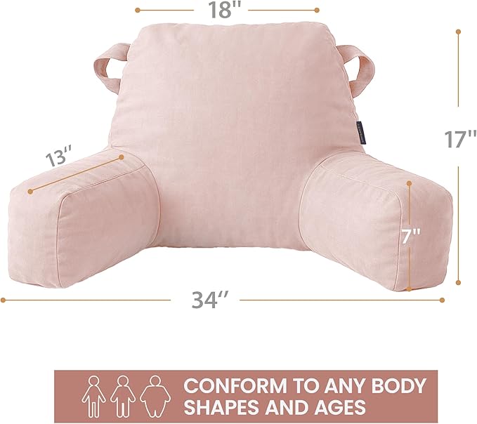 Unisakey Portable Comfy Reading Pillows for Bed Sitting Up(Pink Oeko-Tex), Velvet Back Pillow with Arms & Pockets for Adults, Support Memory Foam Bed Pillow for Dorm/Reading/Watching/Gaming