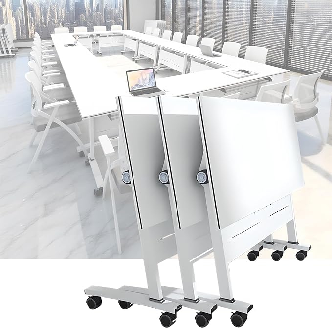 Folding Conference Room Tables, Flip Top Mobile Training Table with Wheels, Mobile Dynamic Meetings Training Tables, Portable Office Executive Desk, Rolling Seminar Meeting Table (3, White, 47.2in)