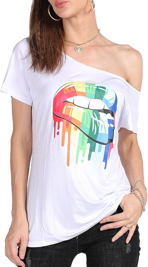 MAGICMK Women’s Short Lips Print Causal Off The Shoulder Plus Size T-Shirt Tops