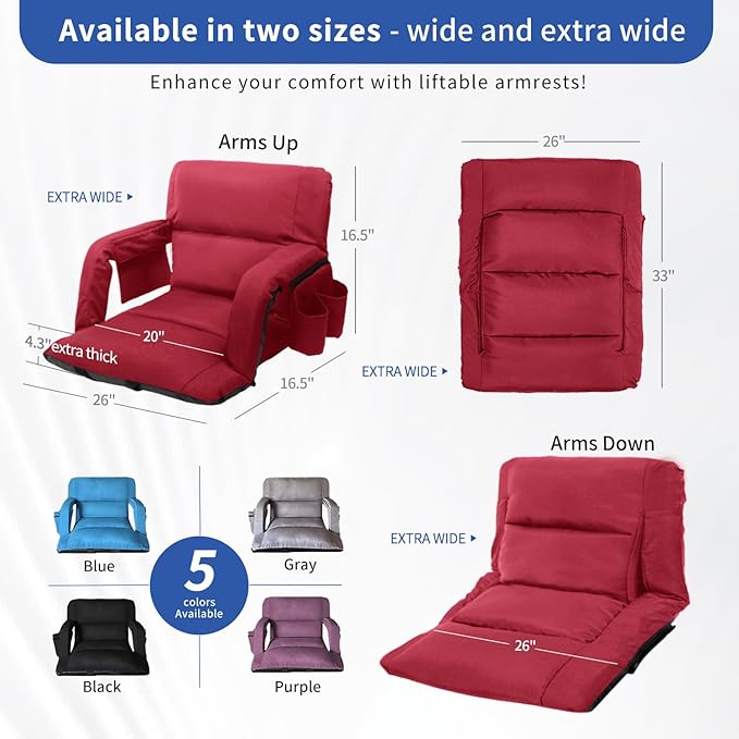 Stadium Seats with Back Support,Wide Stadium Chairs with Back and Cushion, Sofa Style Stadium Seats, 6 Reclining Positions, Extra Thick Bleacher Seat for Sports Events (Red-1 Pack, Wide|25")