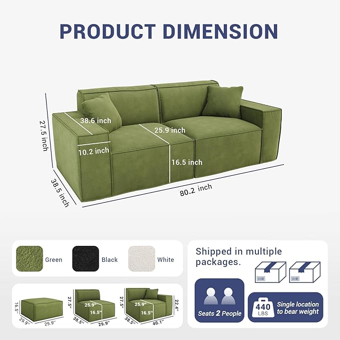 80.3" Cloud Sectional Couch, Chenille Boneless Couch 2 Seater with Deep Seats & Wide Armrests, Comfy Modular Sectional Sofa Memory Foam Compression Floor Sofa for Living Room, No Assembly Required