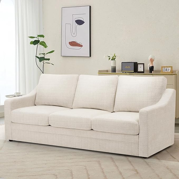 ACMEASE 83 Inches Chenille 3-Seat Sofa w/Comfortable Back Cushions, Modern Sofa w/Deep Seat Space, Upholstered 3 Seater Couch w/High Resiliency Foam for Living Room, Beige