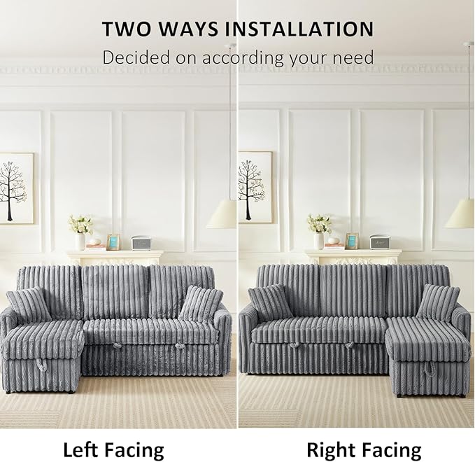 Sleeper Sofa Bed, 81” Pull Out Couch Bed with Reversible Storage Chaise, 3 in 1 L-Shaped Couch with Charging Station, Cup Holder, Side Pocket, Plush Corduroy Couches for Living Room(Light Grey)