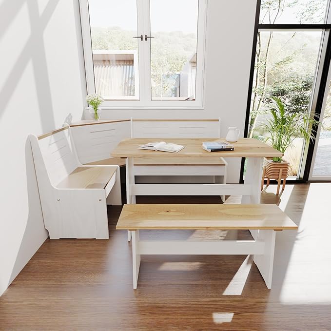 Breakfast Nook Table Set for Kitchen - White Bench Seating for Dining Room with Space Saving Solid Wood L Shaped Corner Dining Table Set Apartment for 4 to 6 People