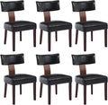 KHISCHMO Mid Century Modern Dining Chairs, Upholstered Pu Leather Fabric Chairs with Curved Backrest and Wood Legs, Comfy Kitchen Vanity Chairs for Dining Room/Living Room/Kitchen, Set of 6 Black