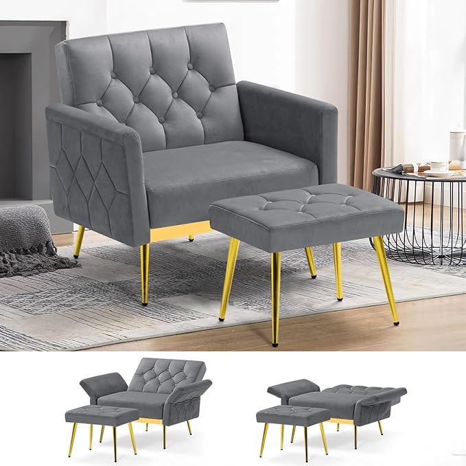 ACMEASE Velvet Accent Chair w/Adjustable Armrests and Backrests, Tufted Single Sofa with Ottoman, Upholstered Reading Chiar for Living Room, Apartment, Bedroom, Grey