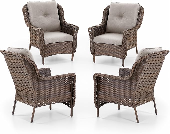 ACTREST Patio Wicker Chairs Outdoor Furniture Chair - Set of 4 Outside All Weather Lawn Dining Brown Rattan Armchair with High Back&Deep Seating for Deck Porch Balcony Backyard Garden - Beige