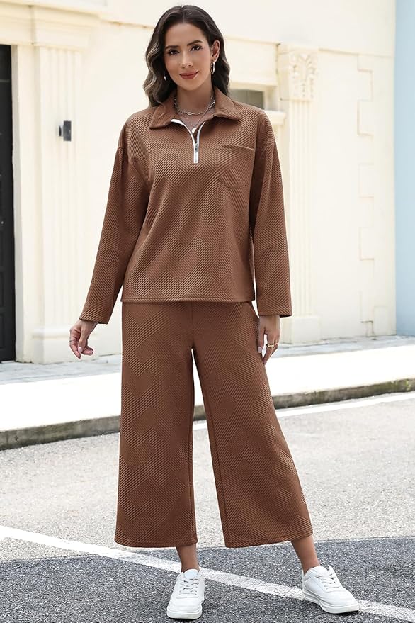 AGSEEM Lounge Sets for Women, Women's 2 Piece Outfits Long Sleeve 1/4 Zip Pullover Cropped Pants 2PC Outfit Comfy Sweatsuits