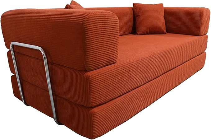 Modern Floor Sofa Bed with Bolster Pillows, Couch Bed,Foldable Sofa bigsize Sofa Convertible Lounger, Orange Red Corduroy (Orange red)
