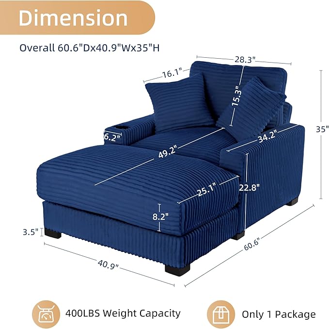 Oversized 60" Chaise Lounge Chair with Adjustable Backrest, Solid Wood Frame Corduroy Upholstery, Cup Holder USB & Type-C Port, 2 Pillows Sleeper Couch Deep Seat for Living Room, Bedroom, Blue