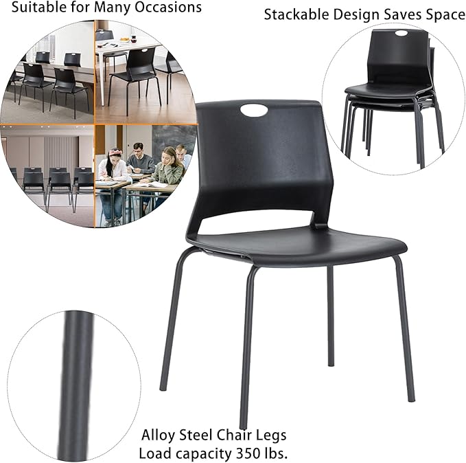 Black Stackable Chairs Set of 4, Modern Office Guest Chair Wide Seat, Stackable Dining Chairs, Plastic Chair for Conference Room, Church,Living Room, Waiting Room, Classroom.