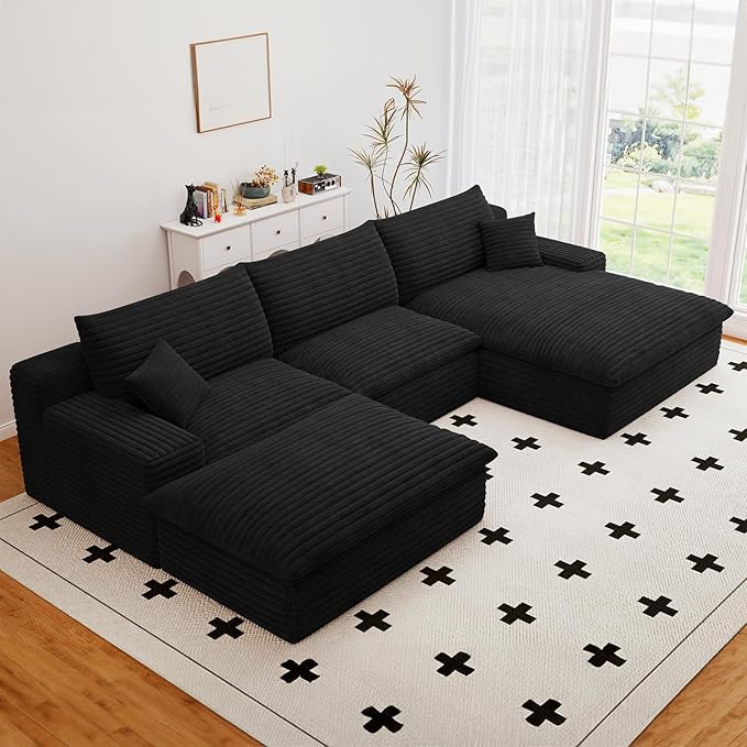 107" Cloud Sectional Couch with U-Shaped Chaise,Corduroy Viral Boneless Sofa with Ottoman,Memory Foam Couches in a Box with Deep Seat for Living Room,No Assembly Required(Jet Black,Right-Facing Chaise