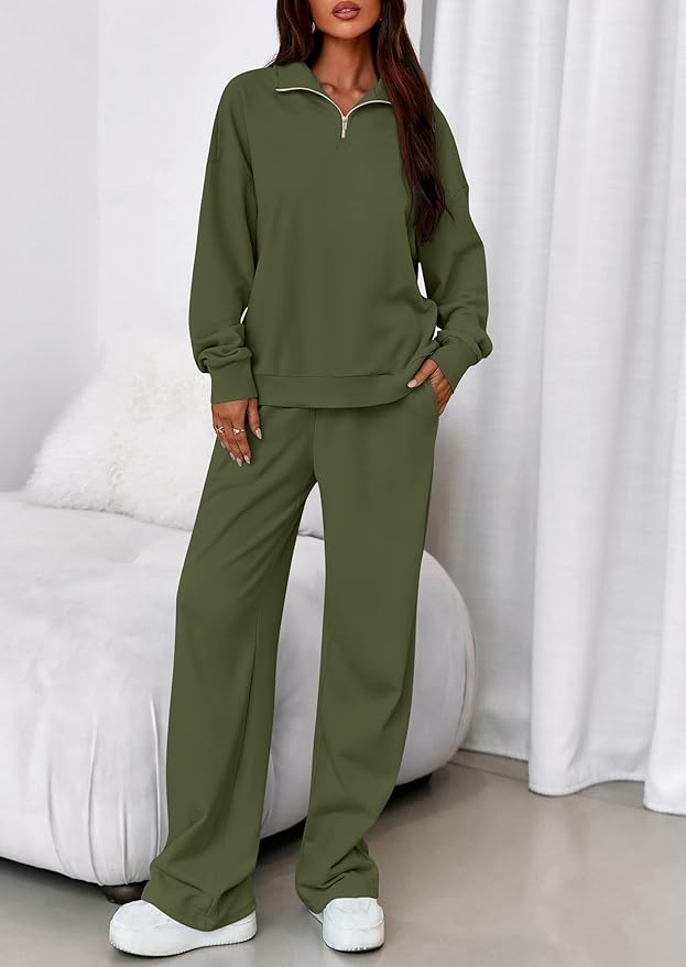 PRETTYGARDEN Womens Casual Two Piece Sets Fall 2026 Outfits Quarter Zip Sweatshirts Straight Leg Pants Sweatsuits Tracksuit