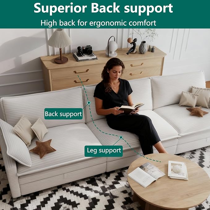 Modular Sectional U Shaped Sofa Couches with Storage Ottoman, Cloud Couch for Living Room, Comfy Sofa with Pillow, White