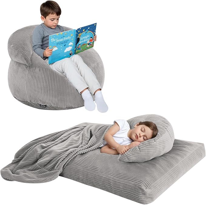 COMAX Bean Bag Chair for Kids, Convertible Toddler Beanbag Bed Corduroy, Children Bean Chair Stuffed to Floor Mattress with Filler, Light Grey