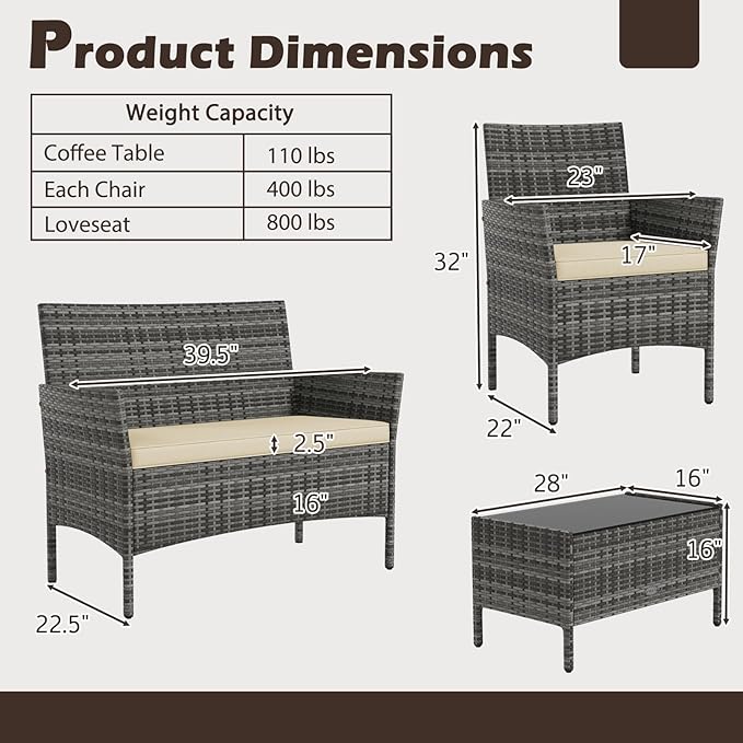 RELAX4LIFE 8-Piece Patio Furniture Set - Rattan Outdoor Conversation Bistro Set w/Cushions, Glass Coffee Table, Wicker Chairs & Loveseat for Pool Garden Backyard Porch Balcony (2, Mix Grey-Beige)