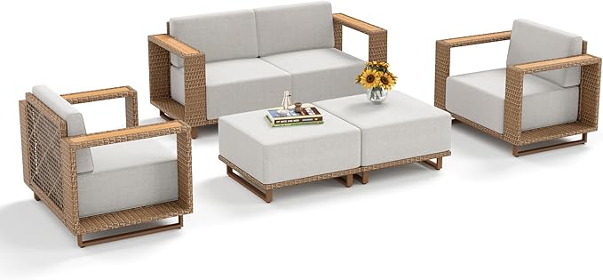 MIXPATIO Outdoor Patio Furniture Set, 6 Piece Outdoor Rattan Wicker Couch Set, Conversation Sets with 2 Single Sofas, 2 Armchairs and 2 Ottomans for Deck Backyard Lawn