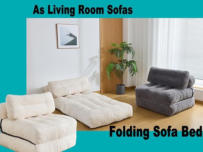 Kisoy Folding Sofa Bed, Convertible Sleeper Chair Couch Bed Faux Rabbit Fur for Adults, with Back Support Floor Couch Comfy Floor Sofa for Living Room Bedroom, Ivory, Single