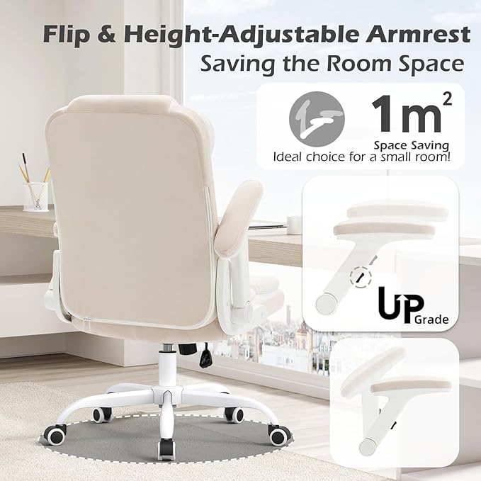 SEATZONE Home Office Desk Chairs with Wheels and Flip-up Armrests,Velvet Fabric Executive Office Chair Comfortable Ergonomic Computer Chairs for Adults and Teens,Beige