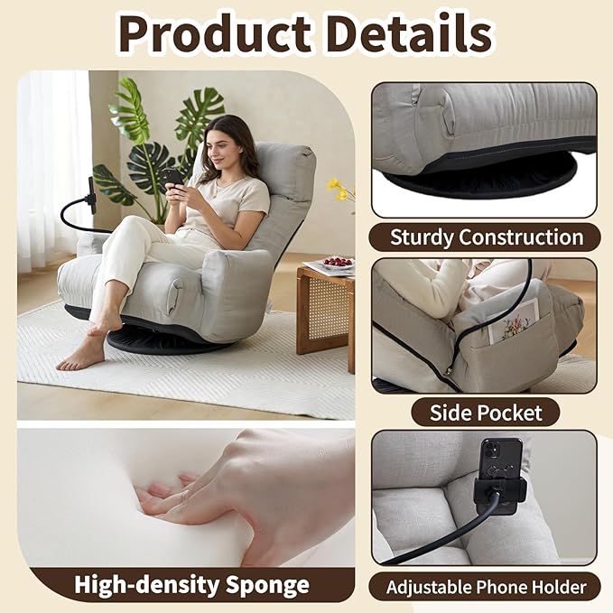 Swivel Lazy Floor Chair, Adjustable Reclining Floor Lounger with Head & Back Support and Phone Holder, Comfy Tatami Sofa Seat for Adults Bedroom & Gaming