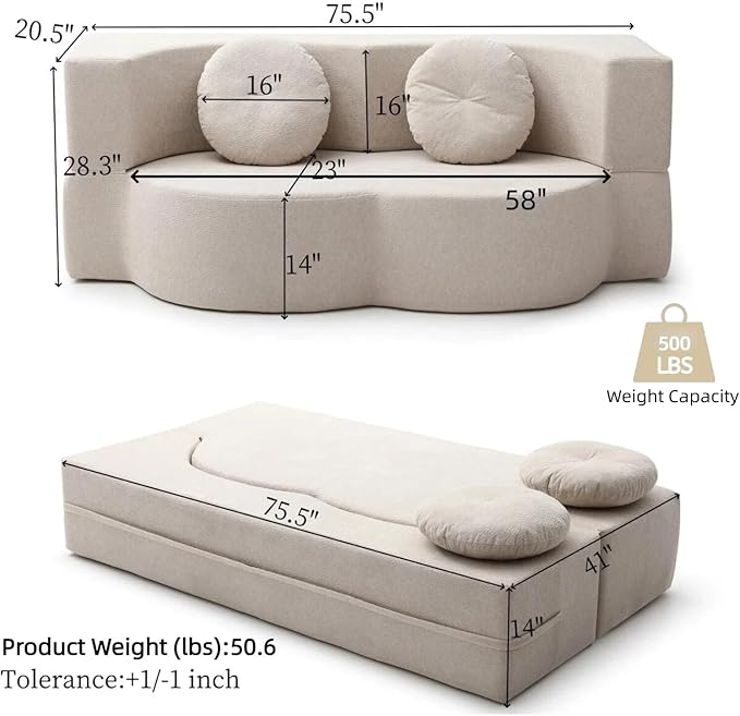 76" Convertible Folding Sofa Bed, 2-in-1 Twin Size Loveseat Sleeper Couch Bed with Two Pillows, Foldable Space-Saving | Design for Dorms Apartments Bedroom& Living Room,No Assemble(Khaki)