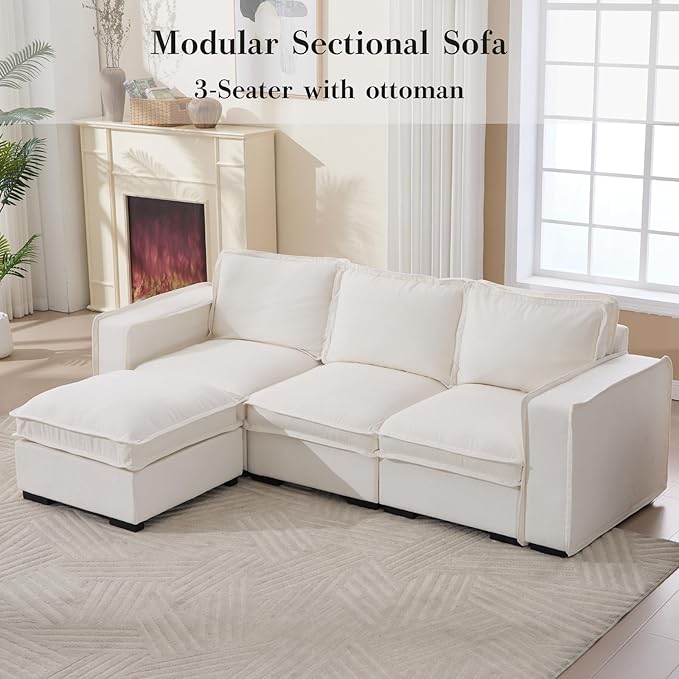HEAY-YO 93 Inches Modern Modular Sectional Sofa,L Shape 3-Seater Comfy Couch with Moveable Ottoman,Floor Sofa for Living Room Bedroom Apartment,Linen White