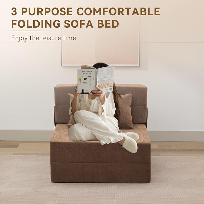 Folding Sofa Bed Convertible Floor Couch Foldable Chair Bed with Pillow，Linen Sleeper Chair Futon,Foldable Memory Foam Mattress for Bedroom/Living Room/Dorm/Office (Brown, Single)