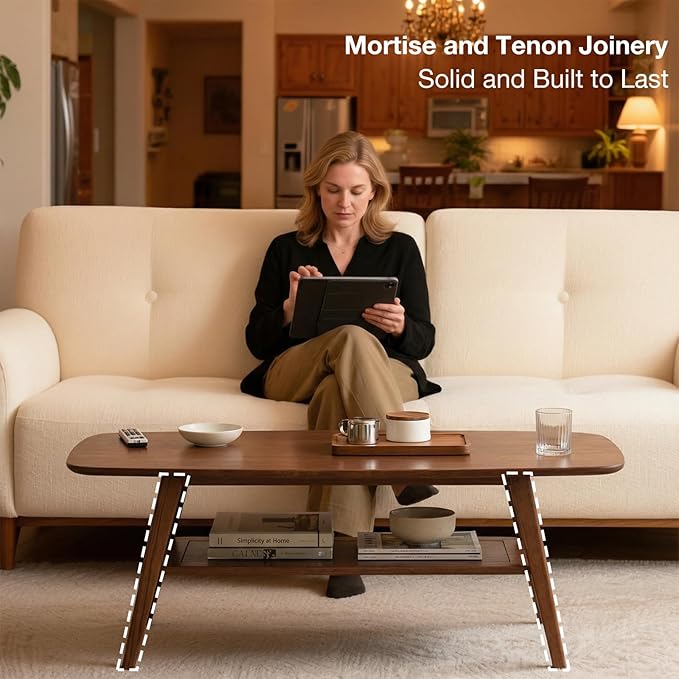 Mid Century Modern Coffee Table: 100% Solid Wood Coffee Table - 2-Tier Storage Design - Practical Coffee Tables for Living Room, Apartment, Easy Assembly (Walnut, 39.37")