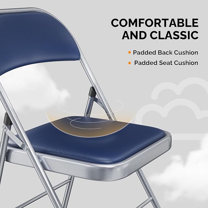 VINGLI 1 Pack Folding Chairs with Padded Seats, Metal Frame with Pu Leather Seat & Back, Capacity 350 lbs, Set of 1, Blue