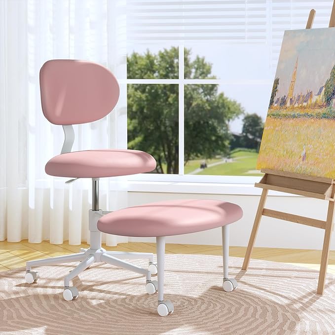 Pinmoco Ergonomic Cross Legged Office Chair with Wheels, ADHD Chair for Adults, Meditation Chair, Yoga Office Chair, Comfortable Back Support, Height Adjustable,Small Spaces, PU Leather, Pink