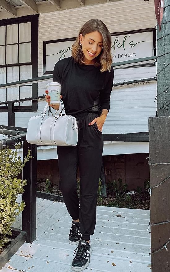PRETTYGARDEN Women Fall 2 Piece Lounge Outfit Long Sleeve Tops High Waisted Jogger Pants Set Spring Travel Clothes Tracksuit