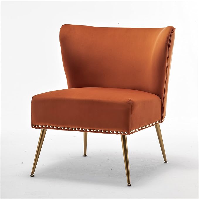 Container Furniture Direct Thia Armless Velvet Accent Chair for Living Room, Elegant Seat with Nailhead Trim, Gold Metal Legs and Comfortable Curved Back, 28" D x 25" W x 29.5" H, Orange Red
