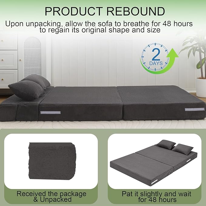 MeMoreCool Boneless Folding Sofa Bed Full, Corduroy Convertible Sleeper Chair, Foldable Foam Mattress Chair, Comfy Fold‑Out Futon Couch Bed, Large Floor Sofa Couch for Living‑Room Guest