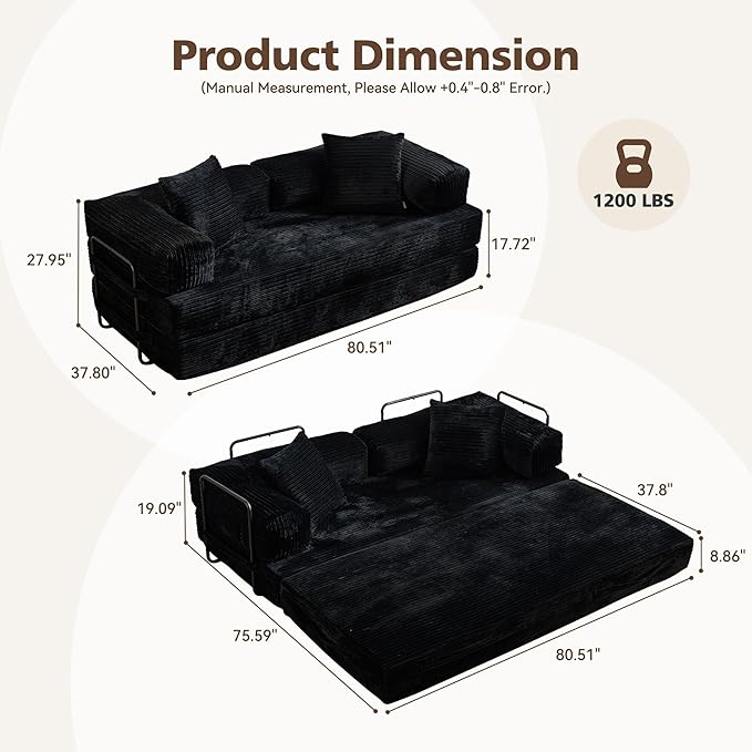 4-in-1 Folding Sofa Bed, 78" Oversized Corduroy Sleeper Chair, Convertible Loveseat to Floor Bed with Storage Pockets, Boneless Design for Living Room, Bedroom & Small Spaces