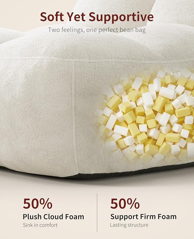 Relefree Goliath Bean Bag Chairs for Adults,Cozy Bean Bag Lounge Chair,Plush Memory Foam Filling,Oversized Reading Chair for Living Room,Bedroom,Large Fireside Sleeper Chairs for Gaming,Cream White