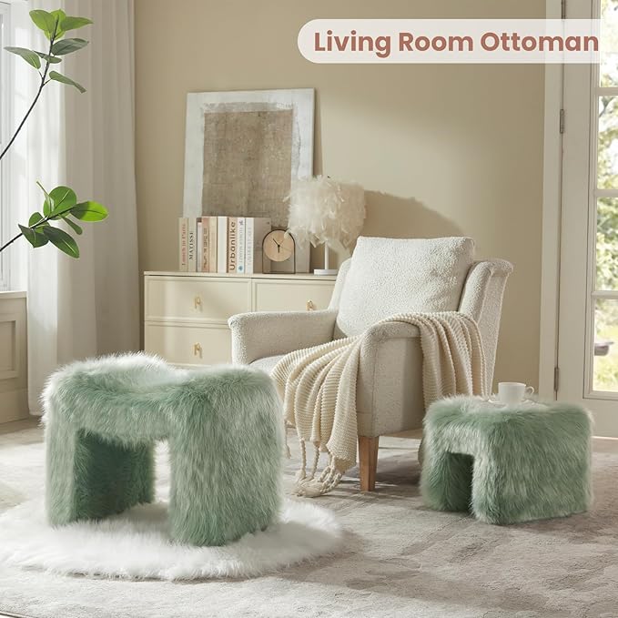 Ottoman Set of 2 Small Footstool Ottoman Vanity Stool Chair Faux Fur Seating Backless Modern Foot Rest Furry for Makeup Room Living Room Bedroom Entryway,Green(2-in-1)