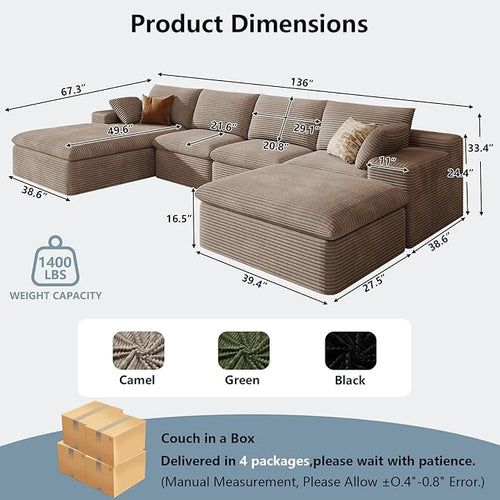 136" Cloud Sectional Couch with U-Shaped Chaise,Corduroy Viral Boneless Sofa with Ottoman,Memory Foam Couches in a Box with Deep Seat for Living Room,No Assembly Required (Camel,Left-Facing Chaise)