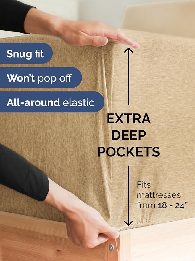 Extra Deep Pocket Queen Sheet Set - 4 Piece Breathable & Cooling Bed Sheets - Hotel Luxury Sheet Set - Soft, Wrinkle Free & Comfy - Easily Fits Extra Deep Mattresses - Deep Pocket Heathered Tan Sheets