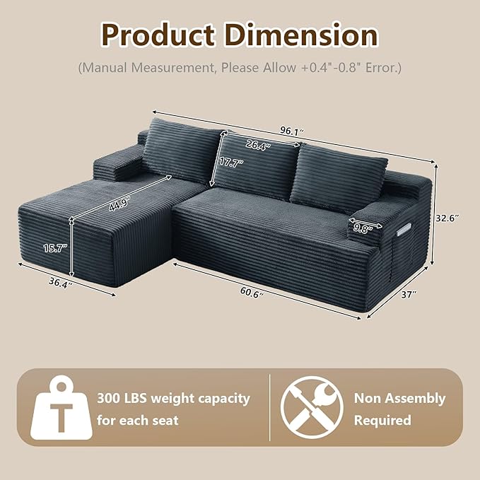 96.1" Modular Sectional Sofa Couches L-Shape Couch 3 Seat Modular Sofa Corduroy Memory Foam Sectional Boneless Couches for Living Room, Cloud Couch with Oversized Chaise(Dark Gray, Left Facing)