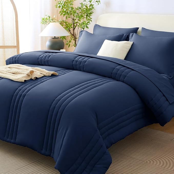 CozyLux Twin Comforter Set - 5 Pieces Bed in a Bag Navy Blue Comforter Set with Sheets Luxury Bed Set All Seasons, Soft Bedding Set with Down Alternative Comforter, Sheets, Pillowcases