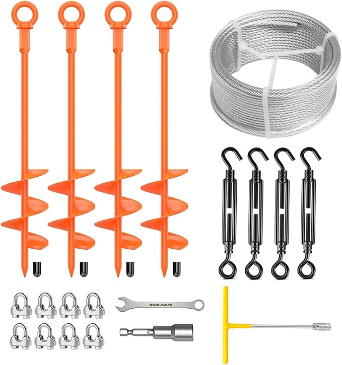 Camitlli 4 Pack 18" Fully Welded Ground Anchors Shed Anchor Kit with 1/8" Galvanized Cable, Heavy Duty Earth Anchors High Wind Screw in for Trampoline Swingset Tent Greenhouses (Orange)