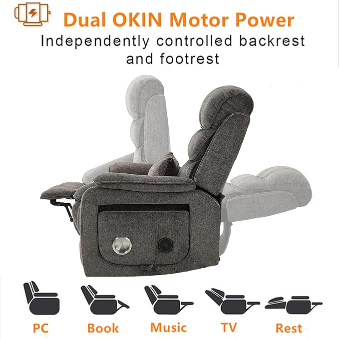 Large Recliner Chair for Elderly | 6ft Tall and Big Man 400lbs | Chenille | Power Lift, Lay Flat, Stand Up, Wireless Charging Device, Extended Footrest, Massage Heat, Cup Holder, Lumbar Pillow