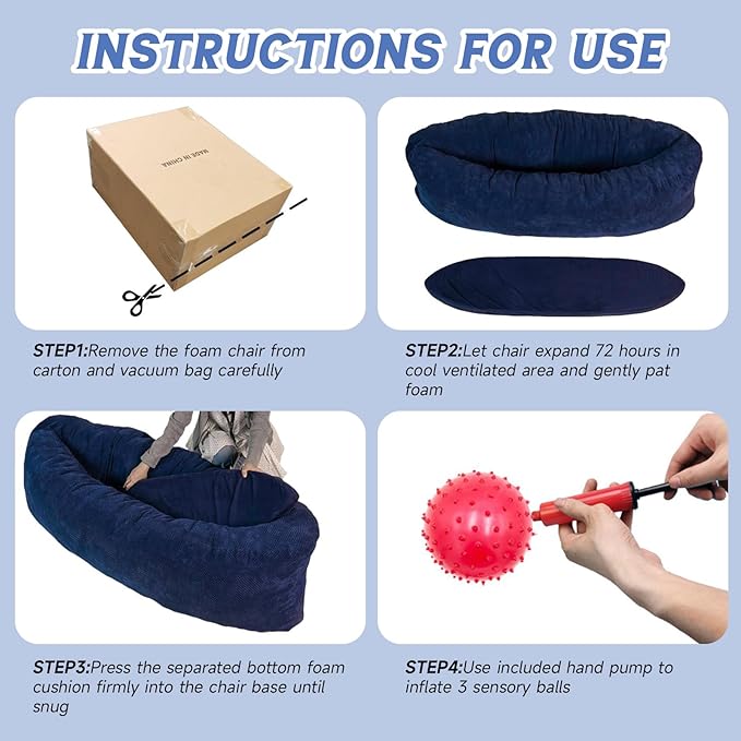 HAHASOLE Sensory Chair for Autistic Children - Foam Peapod Sensory Canoe with Non-Slip Base, Soft Cover Machine Washable, Calming Cocoon for Kids(Navy Blue)