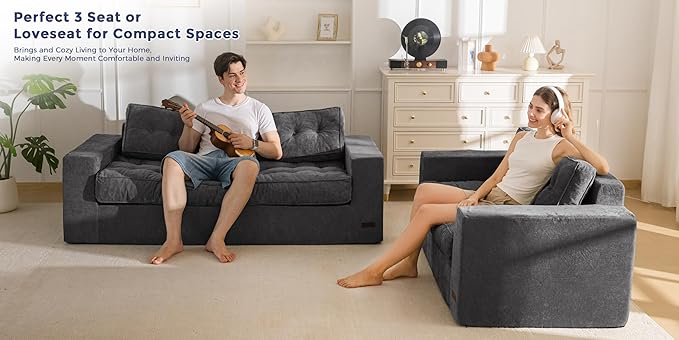 MAXYOYO 3-Seater Boneless Sofa Couch, Tufted Sofa Lounge for Living Room, Comfy Bean Bag Chair High-Density Foam Couch with Pillows, No Assembly Required