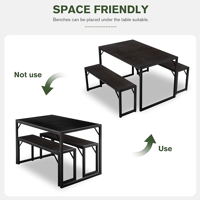 IMUsee 3PC 47.2" Dining Table Set for 4 with Benches, Heavy Duty Metal Frame, Small Space Saving Kitchen Dinette, Wood Board and Black Legs