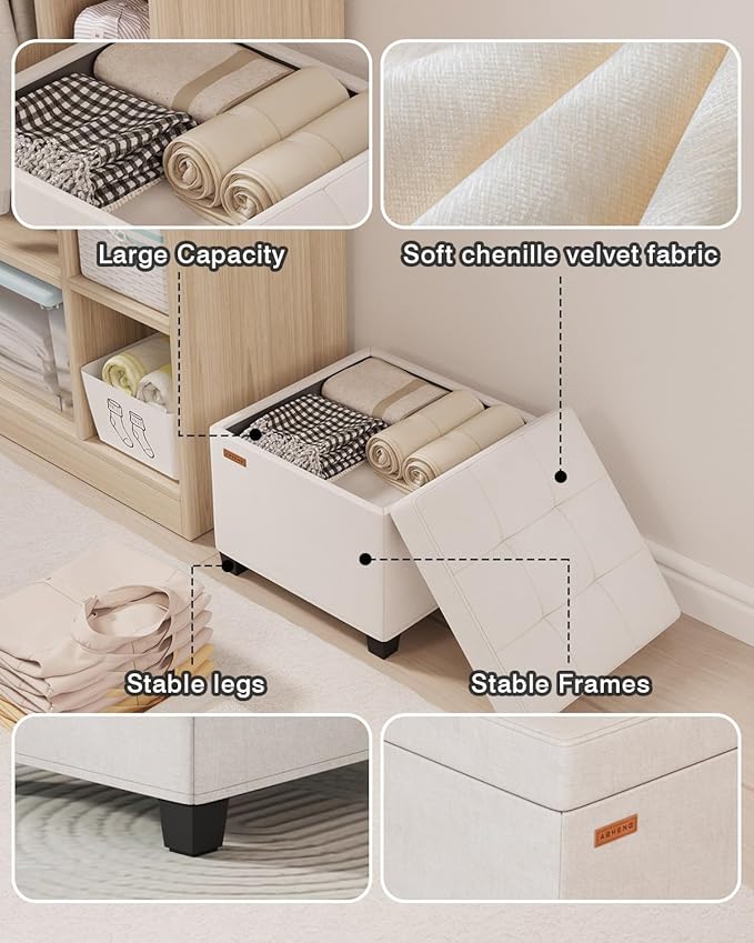 ABHENG 17.7 inches Chenille turfed Ottomans Cube with Storage, Metal-Framed Square Storage Ottoman Foot Rest Stool Holds 770 LB for Dorm Living Room Bedroom White UASND641W